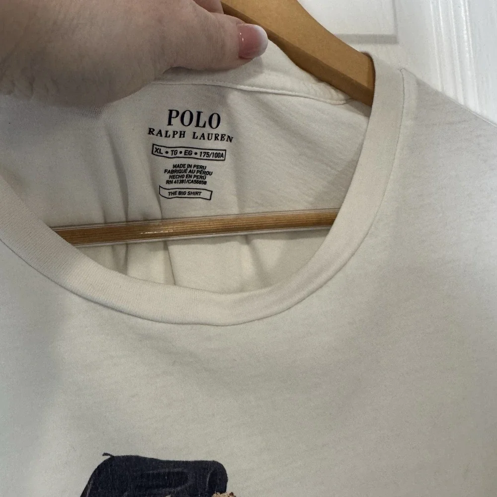 POLO RALPH LAUREN Icon Bear Denim Beret Crew T Shirt White Big Shirt Sz‎ XL